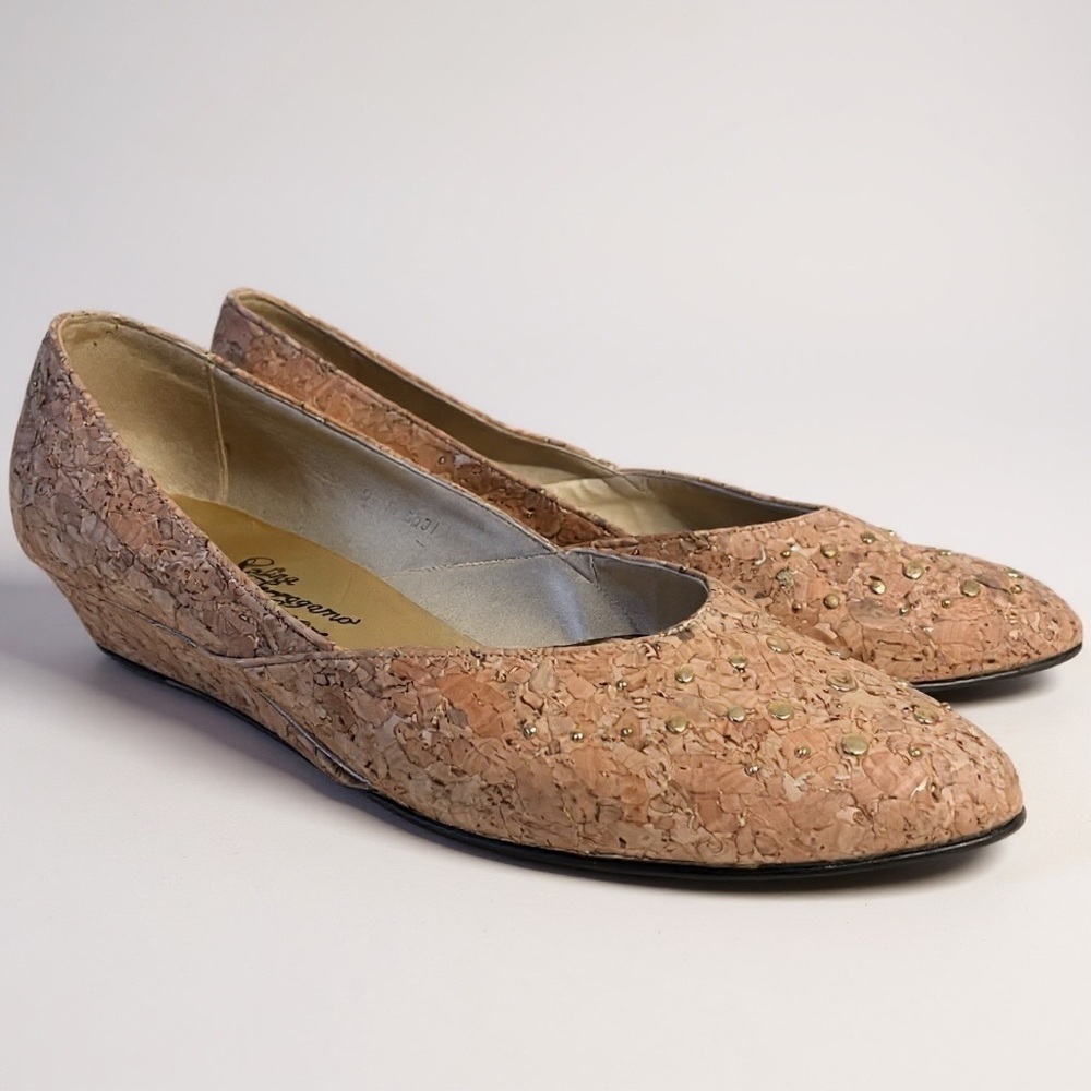 Vintage 1980s Rosina Ferragamo Schiavone Womens Wedge Heel Sz 9 Tan Cork Studded